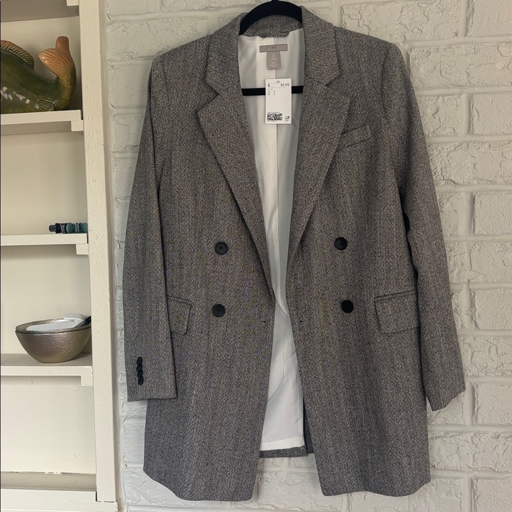 H&M Grey Black White Herringbone Double Breasted Oversized Blazer Size Small - Picture 6 of 7